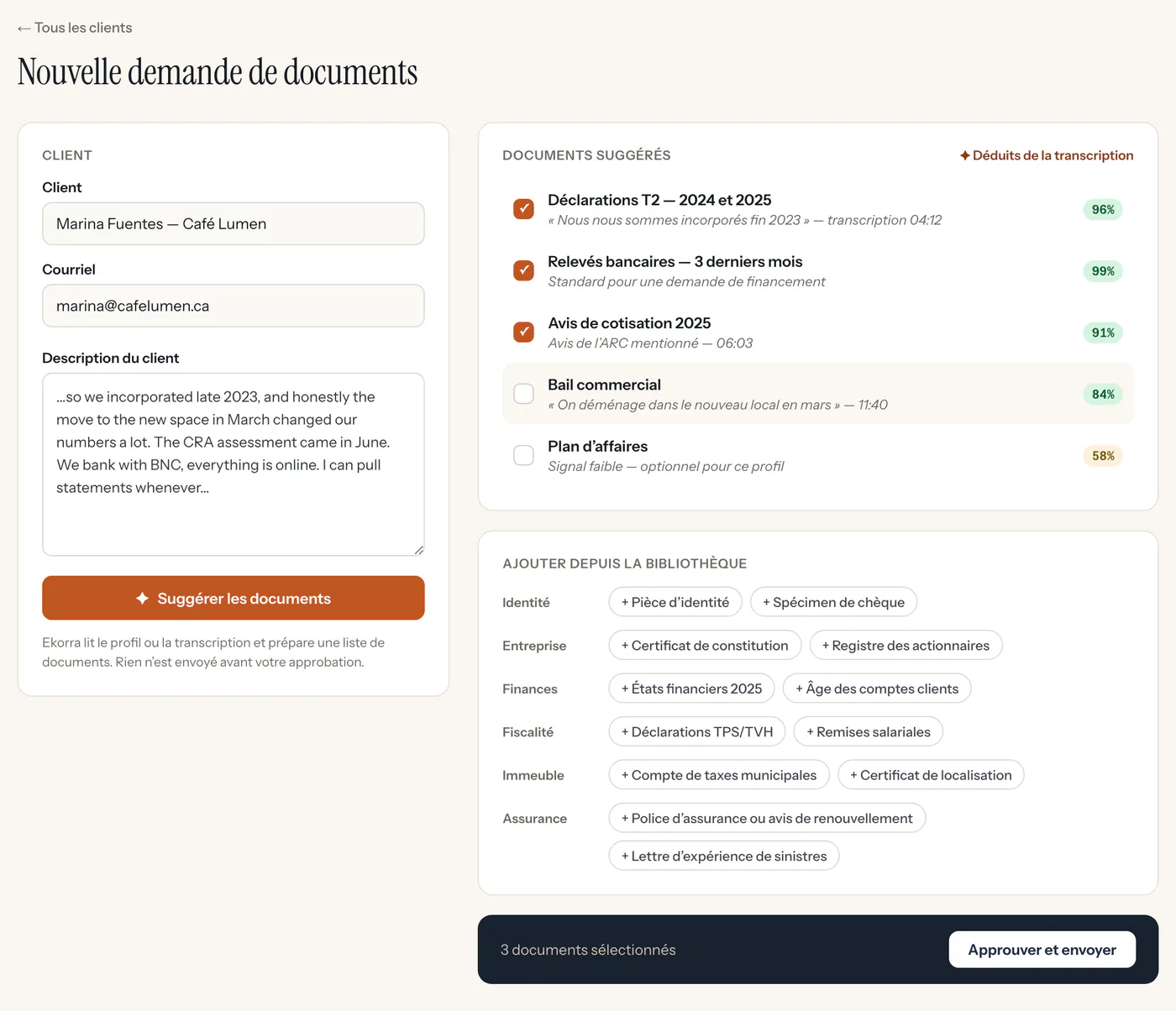 Écran d’Ekorra&nbsp;: liste de documents proposée par l’IA, chaque ligne accompagnée d’une citation tirée de la transcription de l’appel.