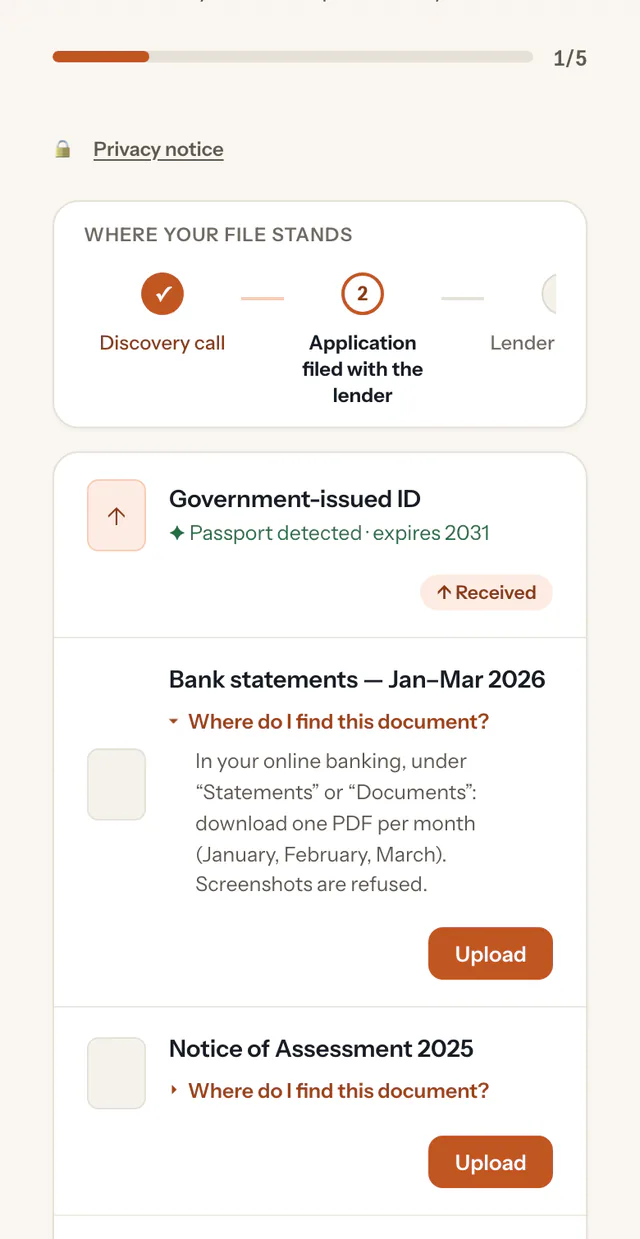 Ekorra client portal on a phone: the list of requested documents, a progress bar and the “Where do I find this?” help expanded.