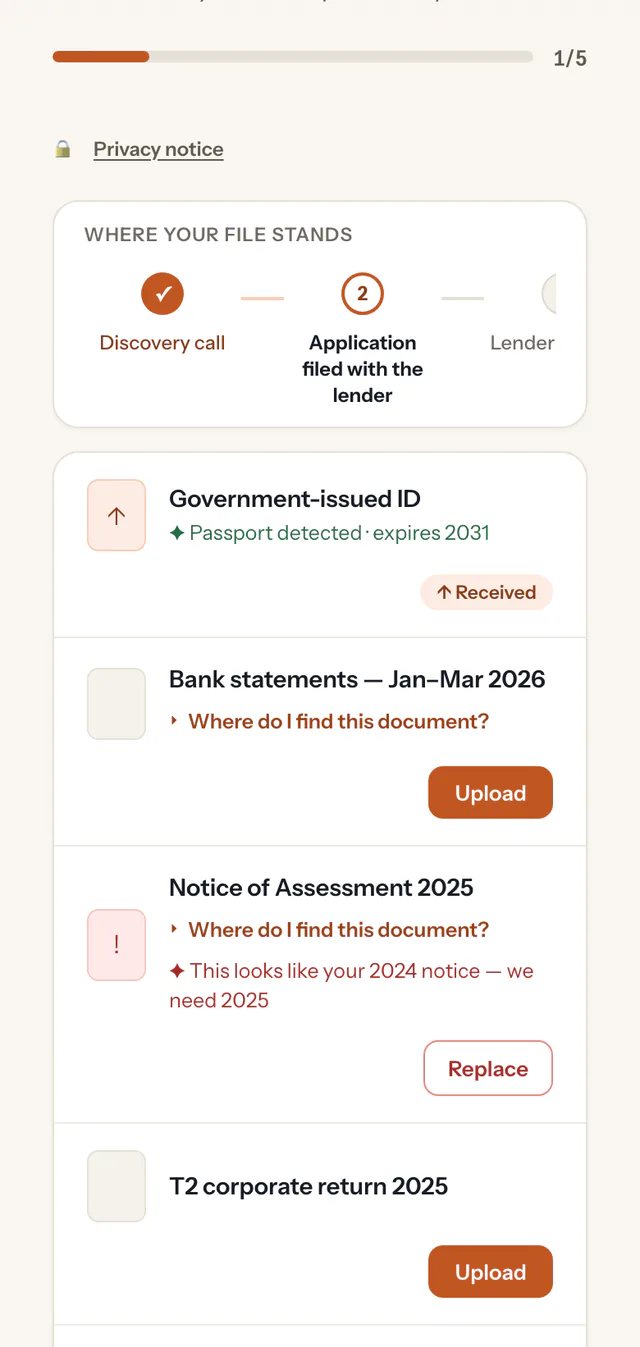 Ekorra client portal: the uploaded notice of assessment is flagged “This looks like your 2024 notice — we need 2025”, with a Replace button.